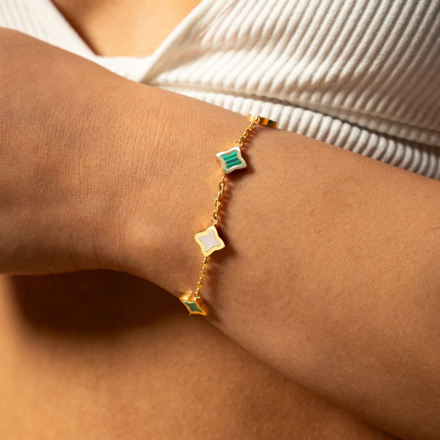 Gold Cable Flower Bracelet - White & Green Pattern