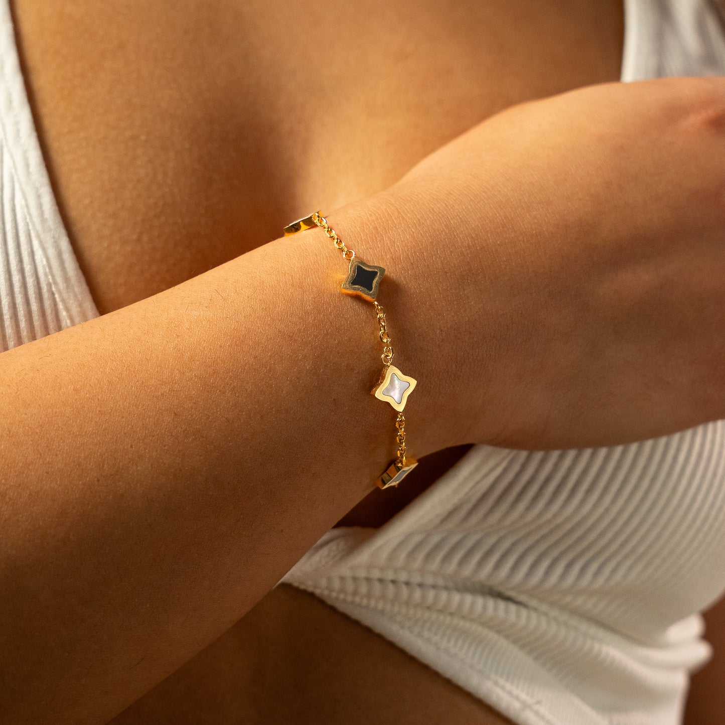 Gold Cable Flower Bracelet - Black & White Pattern