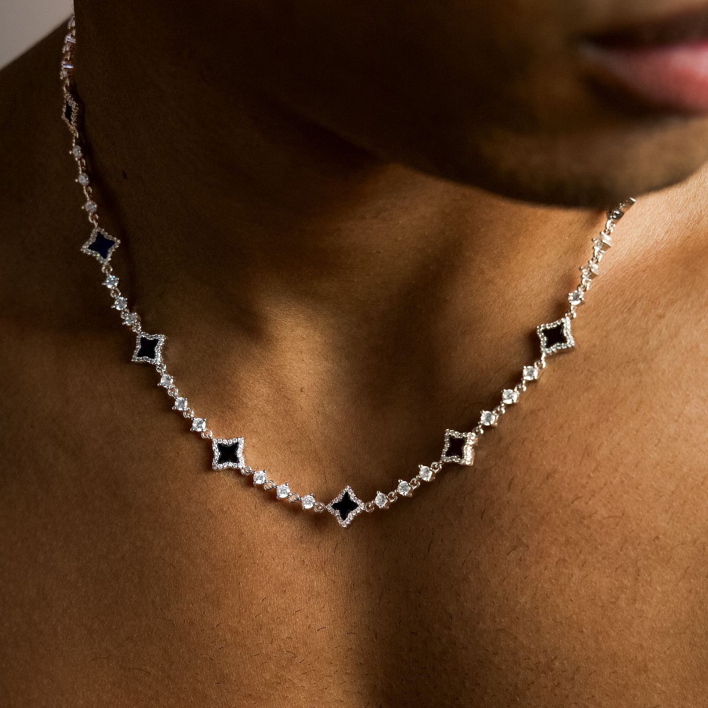 Silver Flower Tennis Chain - Black