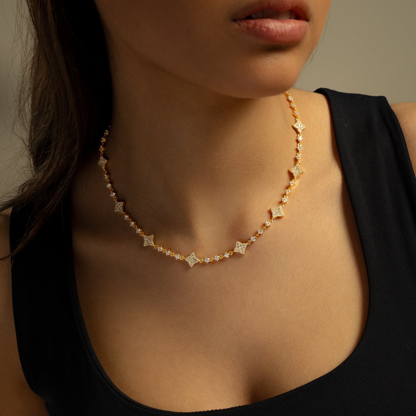 Gold Flower Tennis Chain - White Stones