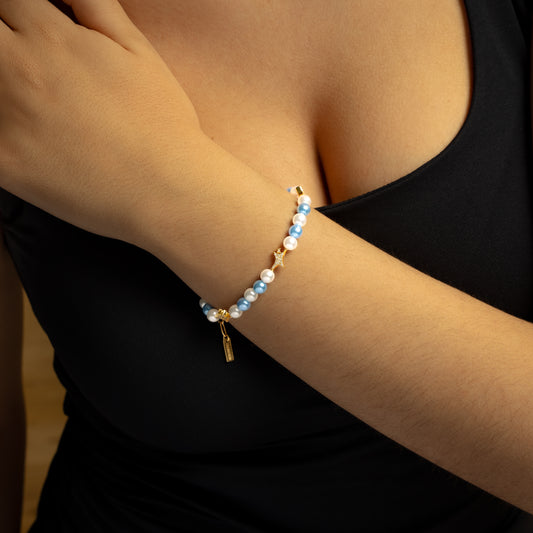 Bracelet perlé Signature Doré - Blanc et Bleu