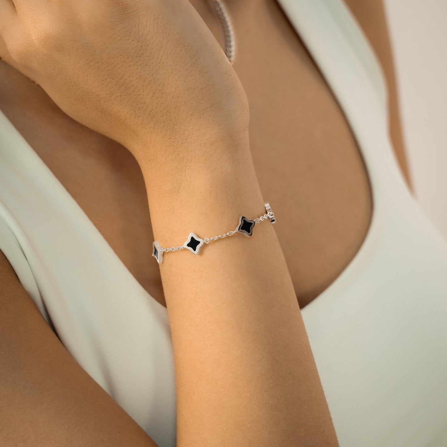 Silver Flower Cable Bracelet - Black