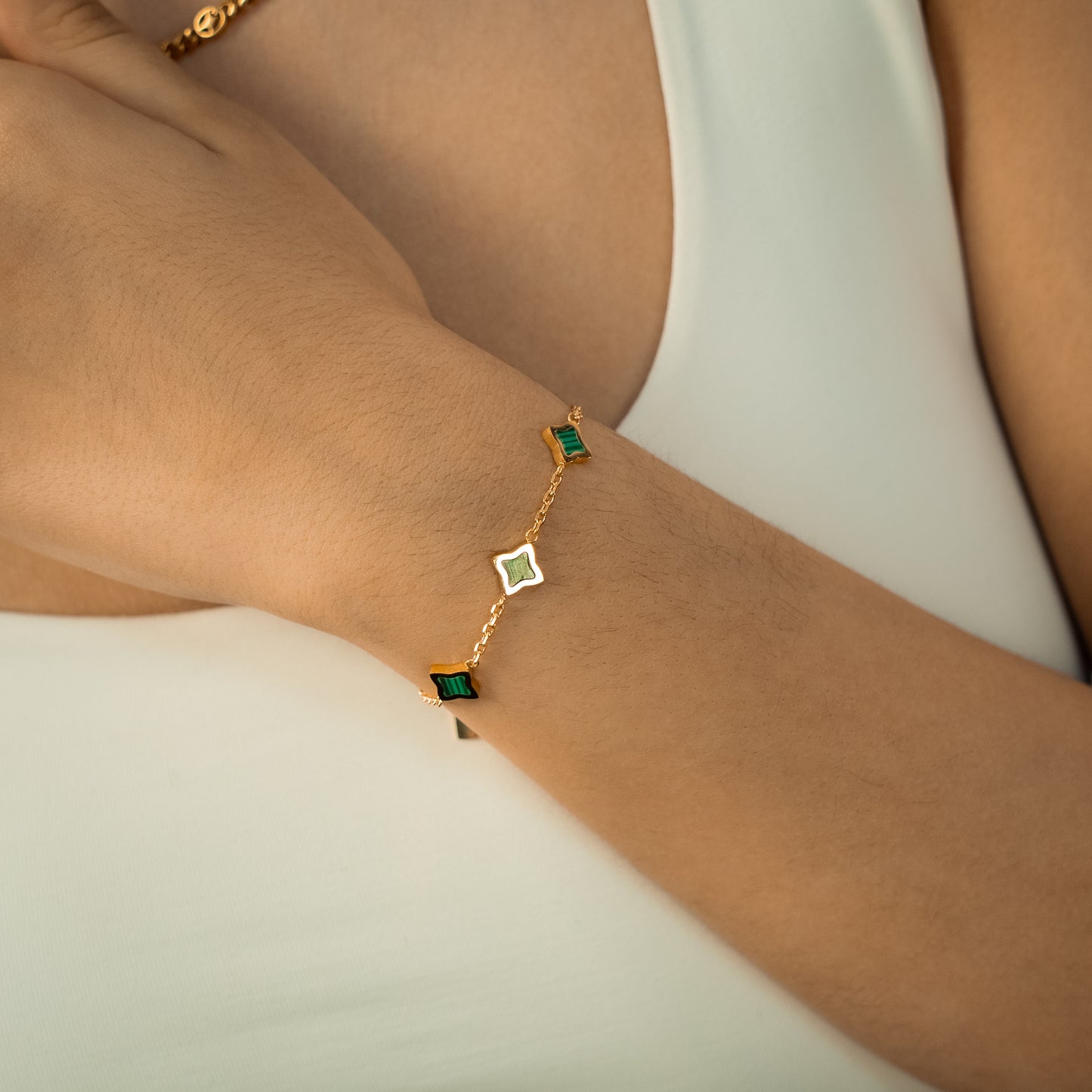 Gold Flower Cable Bracelet - Green