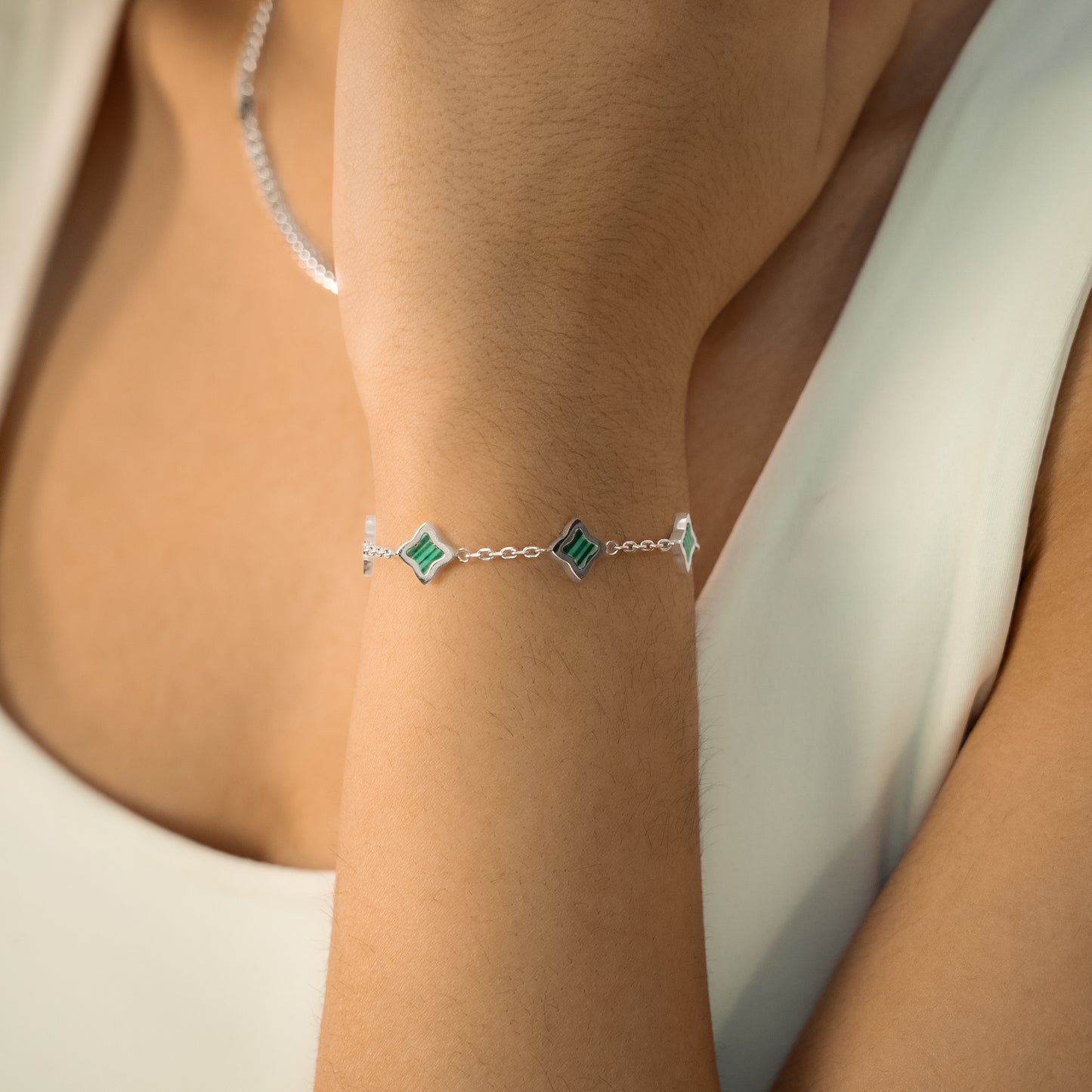 Silver Flower Cable Bracelet - Green