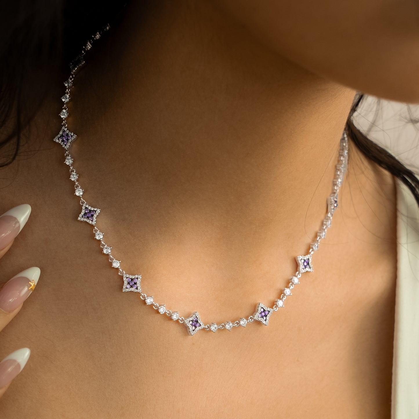 Silver Flower Tennis Chain - Purple Stones