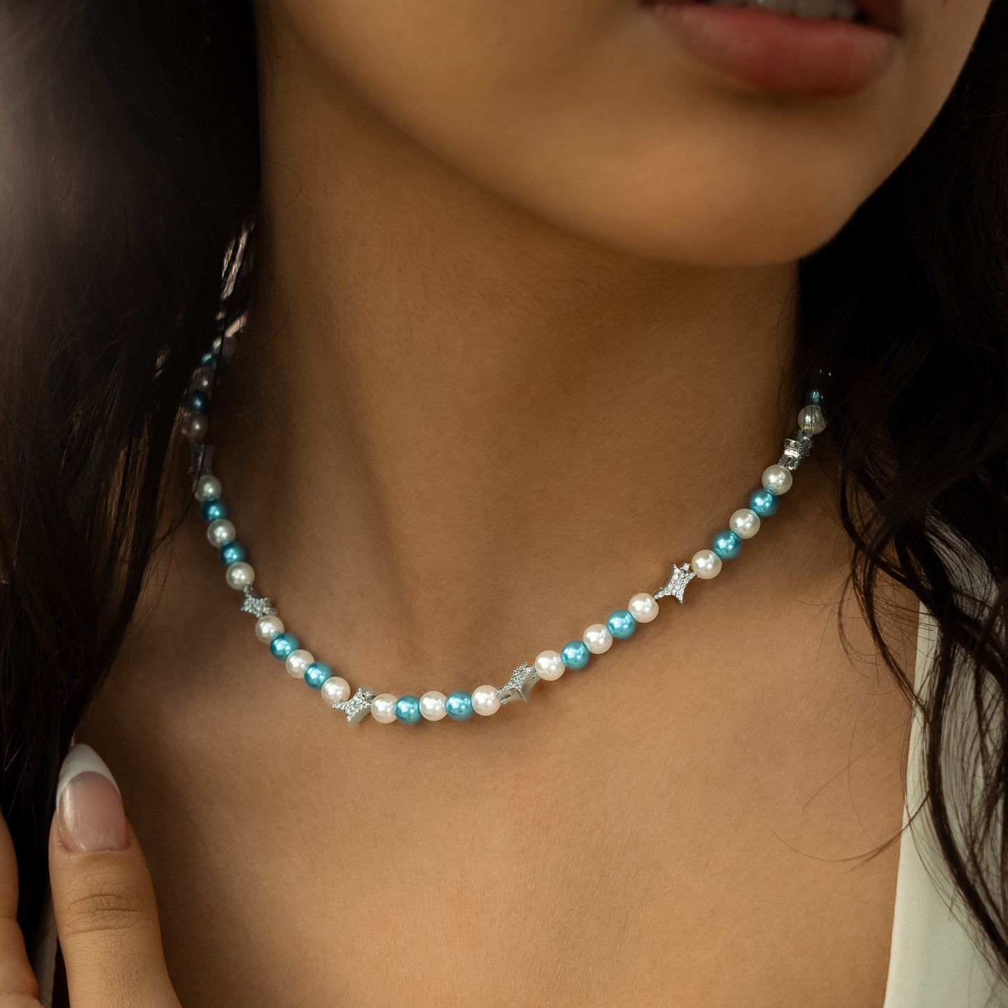 Signature silver Pearl Chain - White and Blue