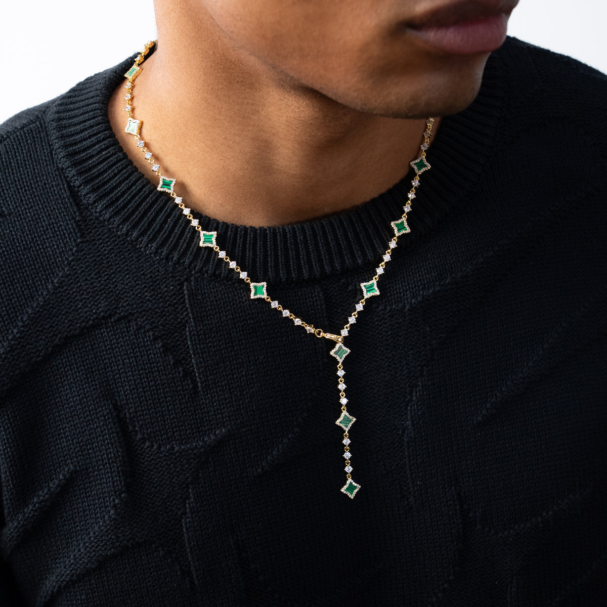 Lariat Flower Tennis - 925 Sterling Silver / 18K Gold Plating, VVS Moissanite & Malachite