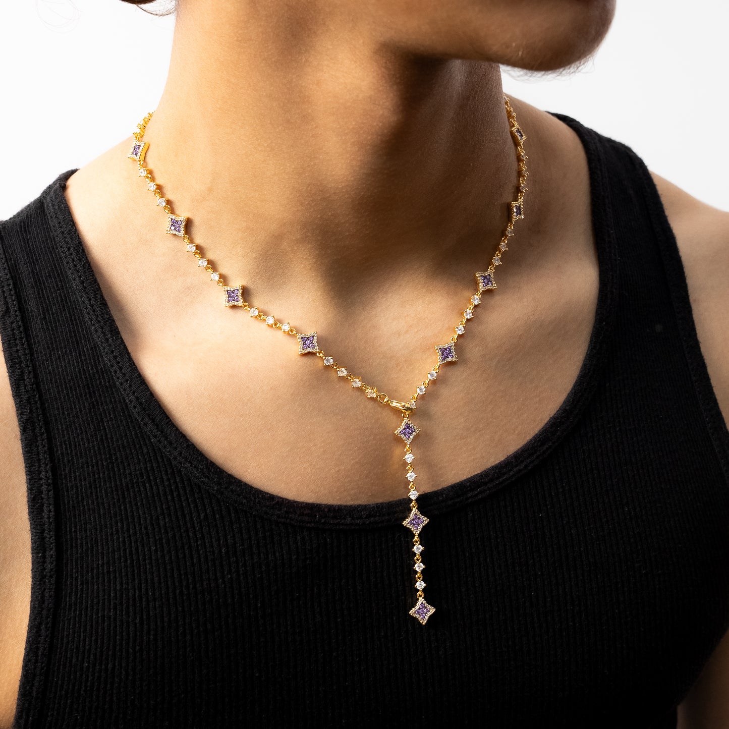 Lariat Flower Tennis Doré - Pierres Violettes