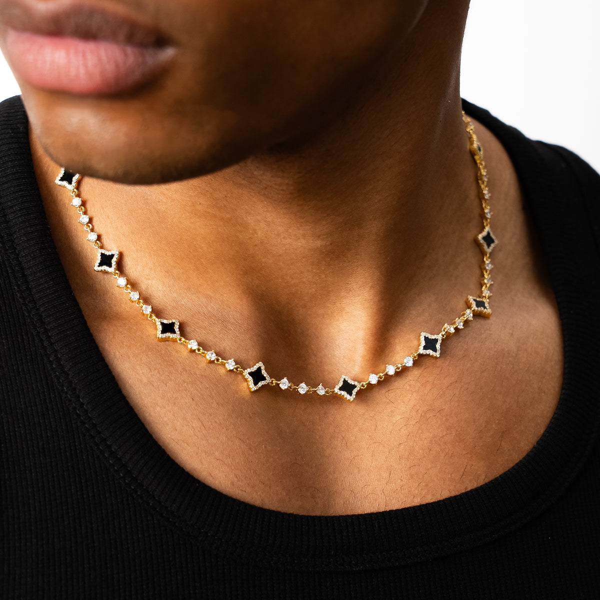 Chain Flower Tennis - 925 Sterling Silver / 18K Gold Plating, VVS Moissanite & Onyx