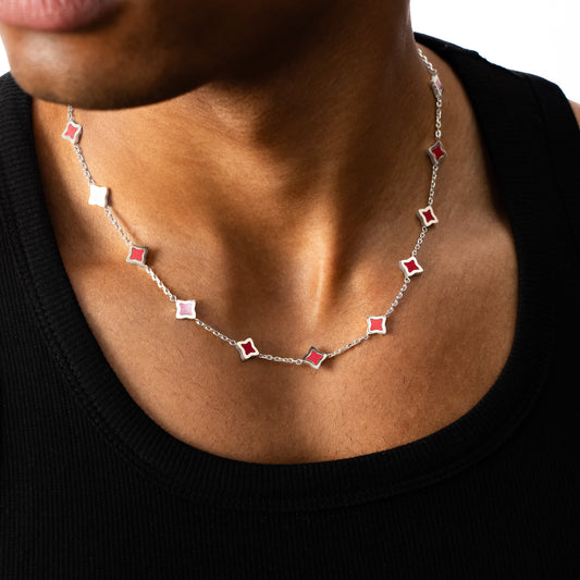 Chaîne Flower câble Argentée - Motif Rouge