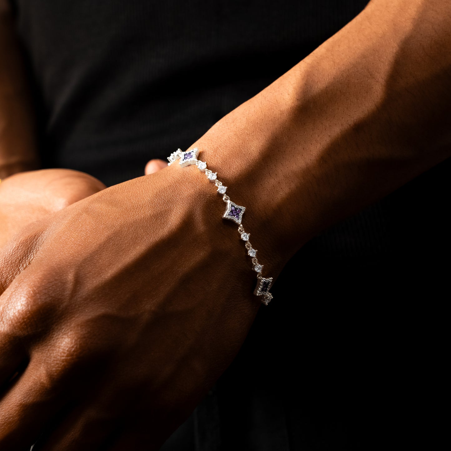 Silver Flower Tennis Bracelet - Purple Stones