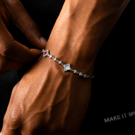 Silver Flower Tennis Bracelet - White & Red