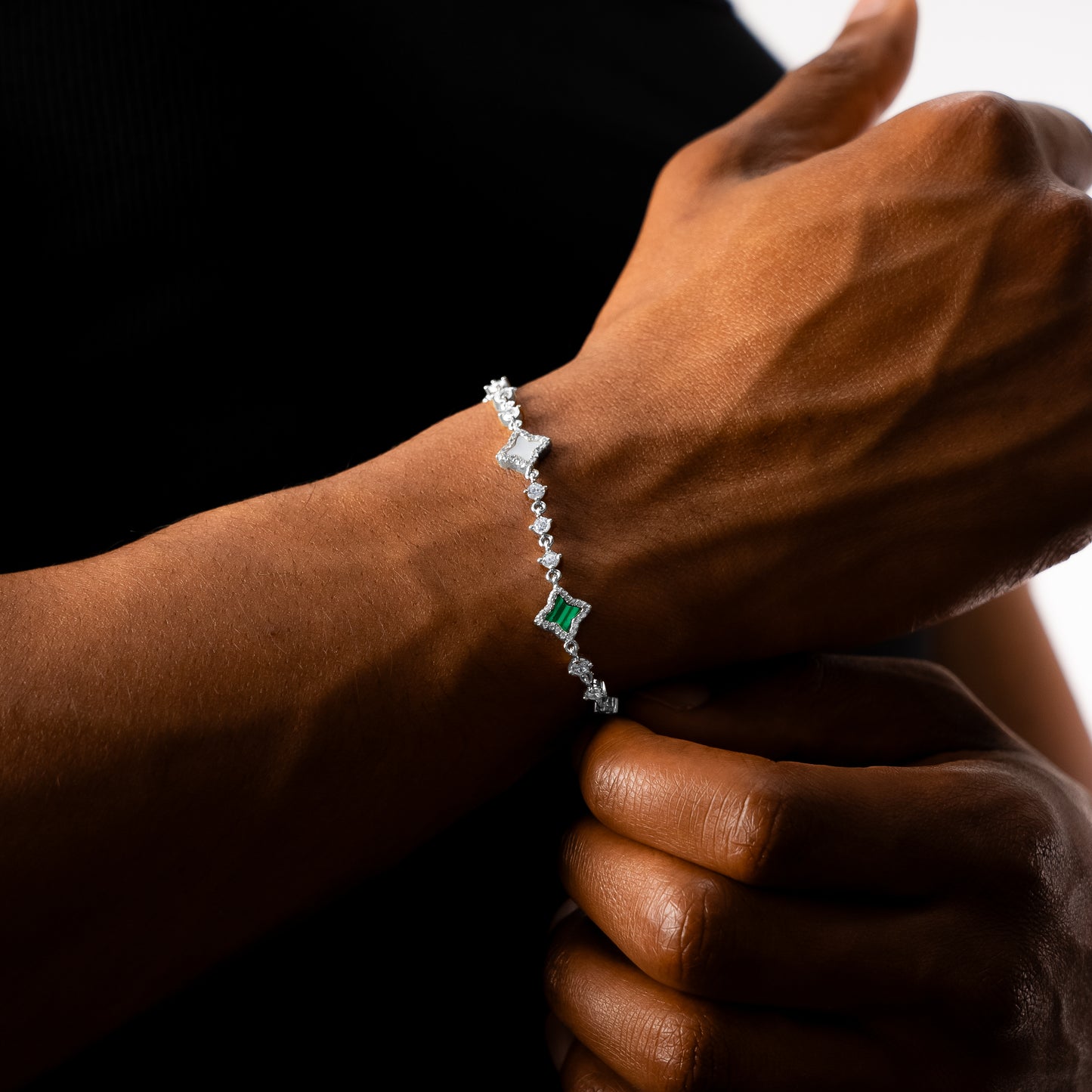 Bracelet Flower Tennis Argenté - Motif Blanc & Vert