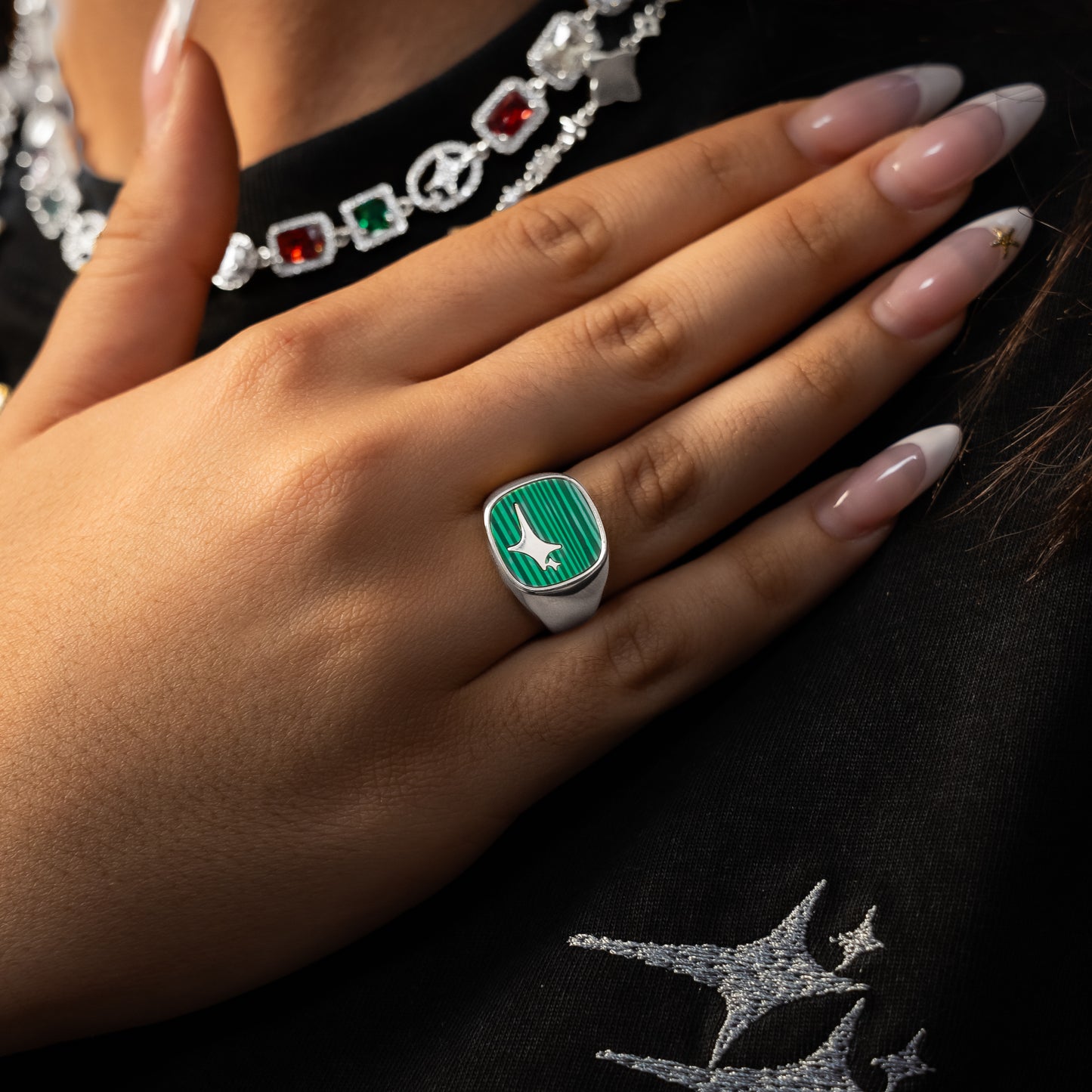 Raw Ring Silver - Green Pattern