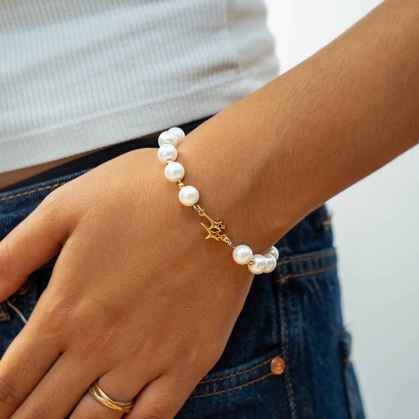 Pearl Double Stars Gold Bracelet