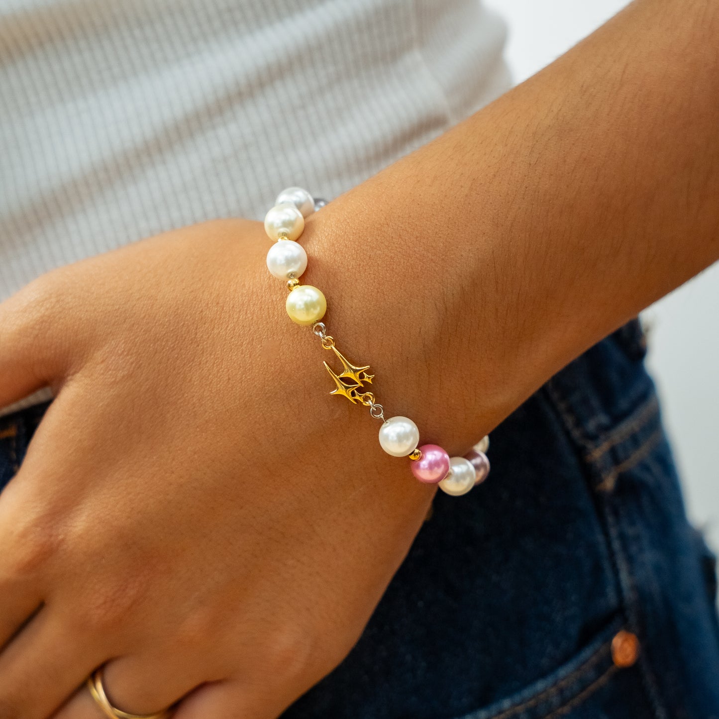 Pearl Double Stars Bracelet Gold - Multicolor