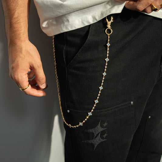 Wallet Chain Flower Tennis Dorée - Pierres Bleues