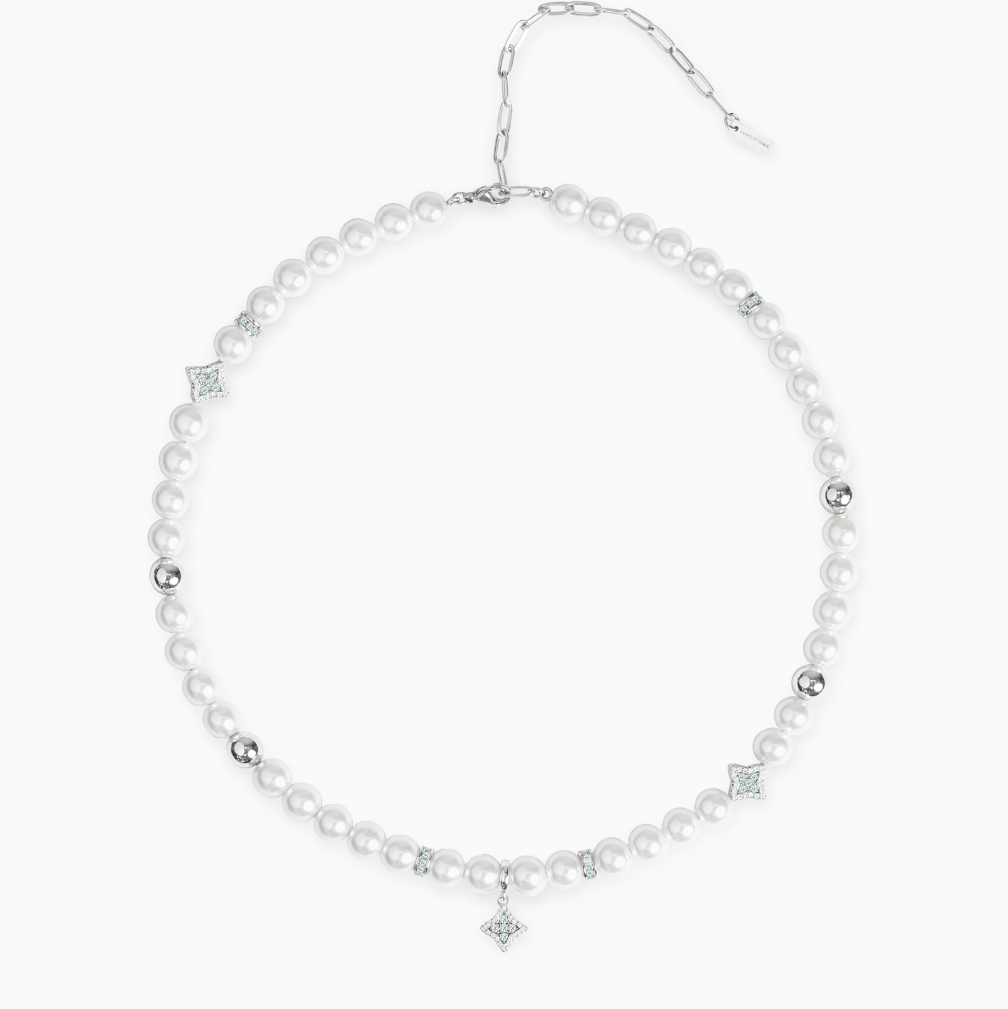 Silver Flower Pearl Chain - White Stones