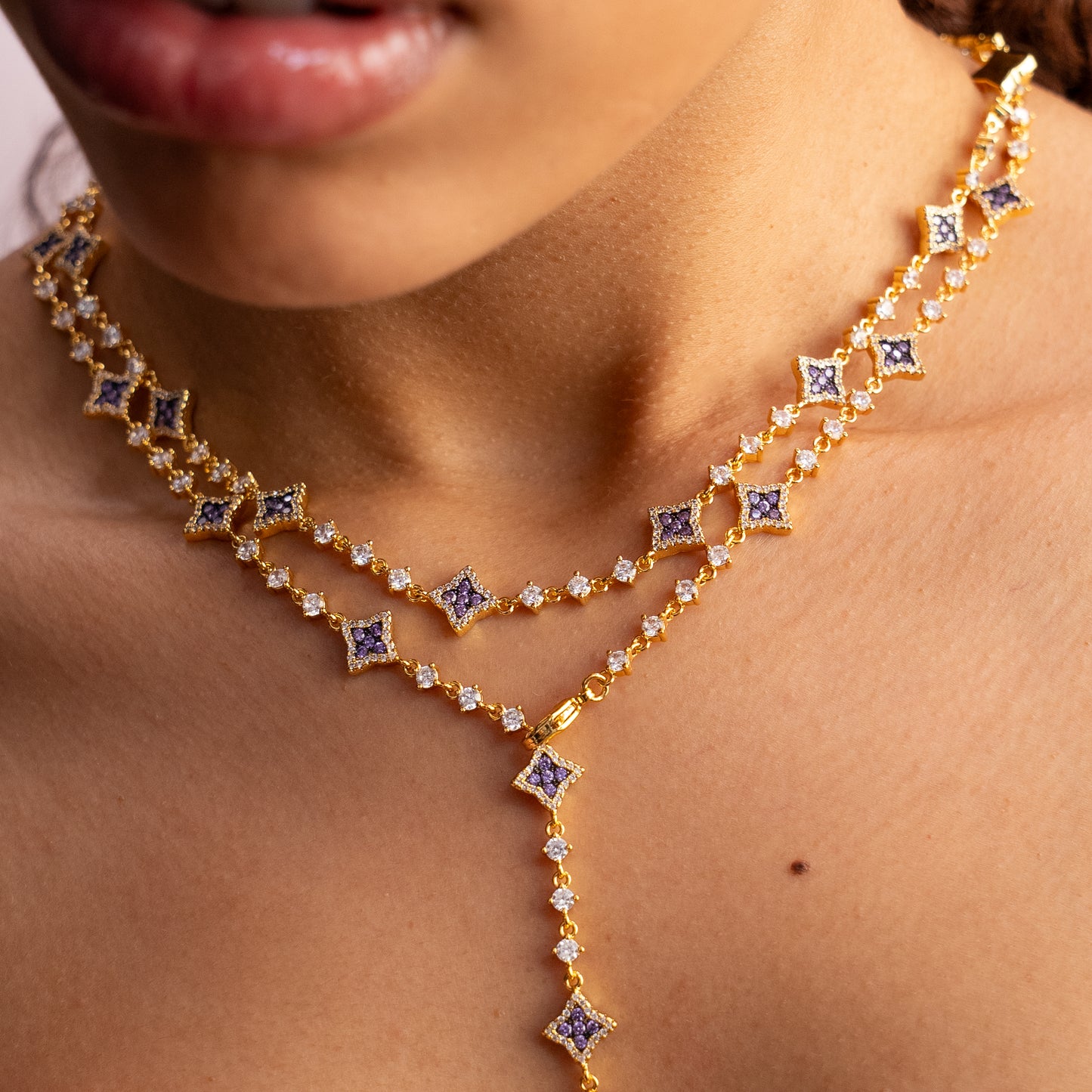 Gold Flower Tennis Chain - Purple Stones