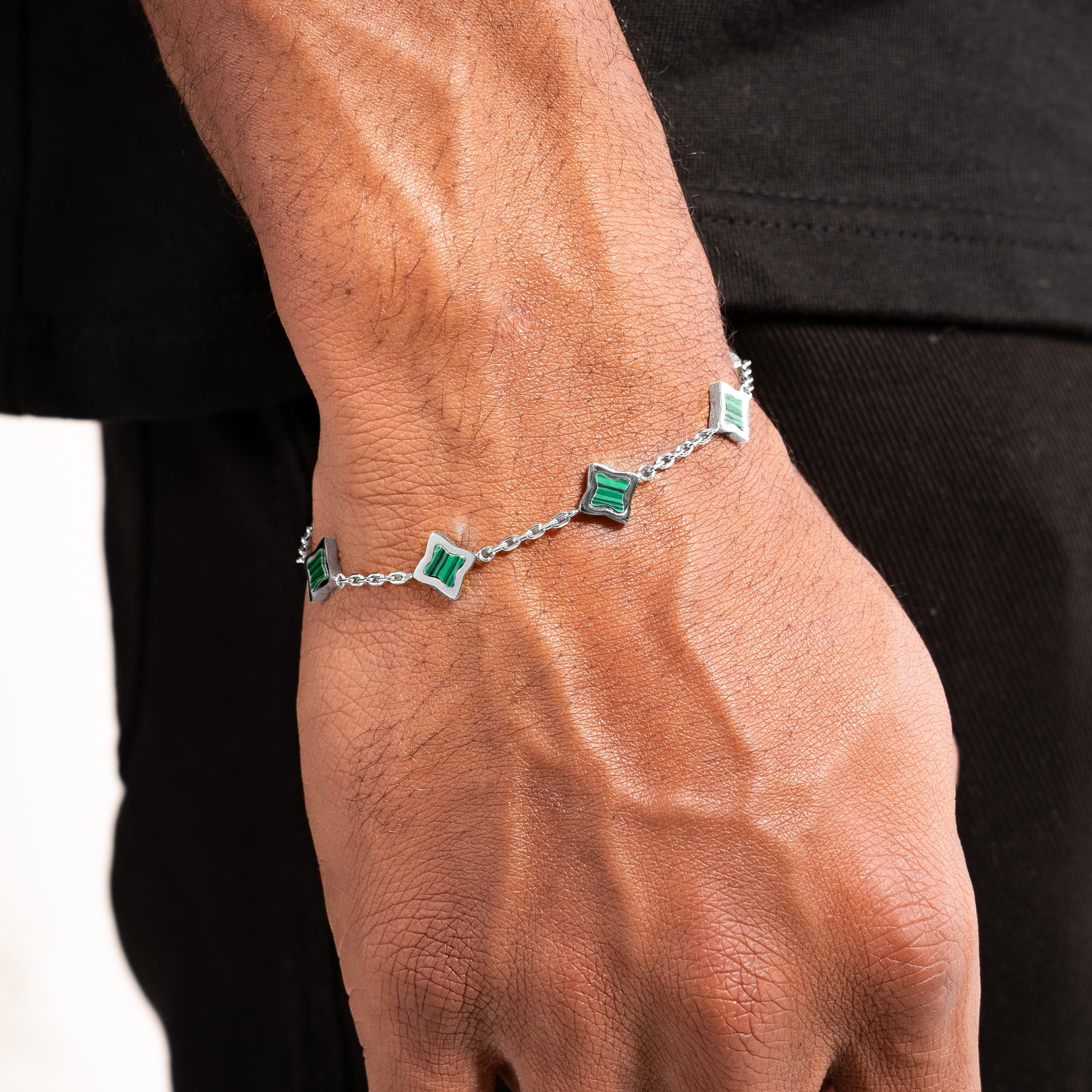 Silver Flower Cable Bracelet - Green