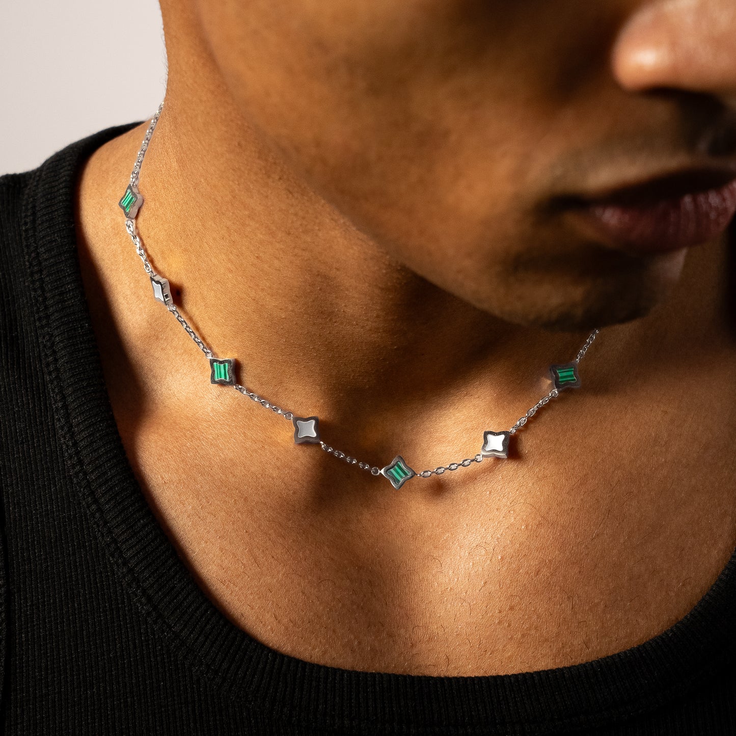 Silver Flower Cable Chain - White & Green Pattern