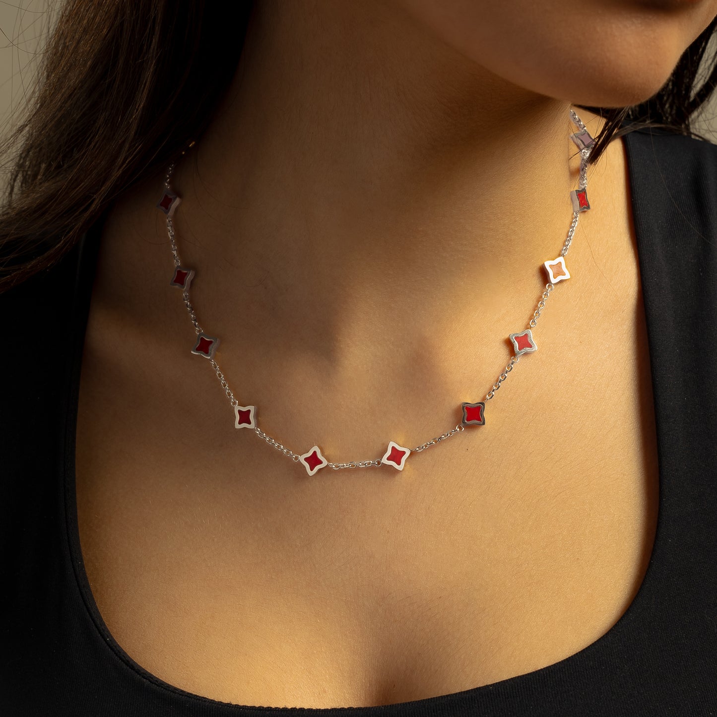 Silver Flower Cable Chain - Red