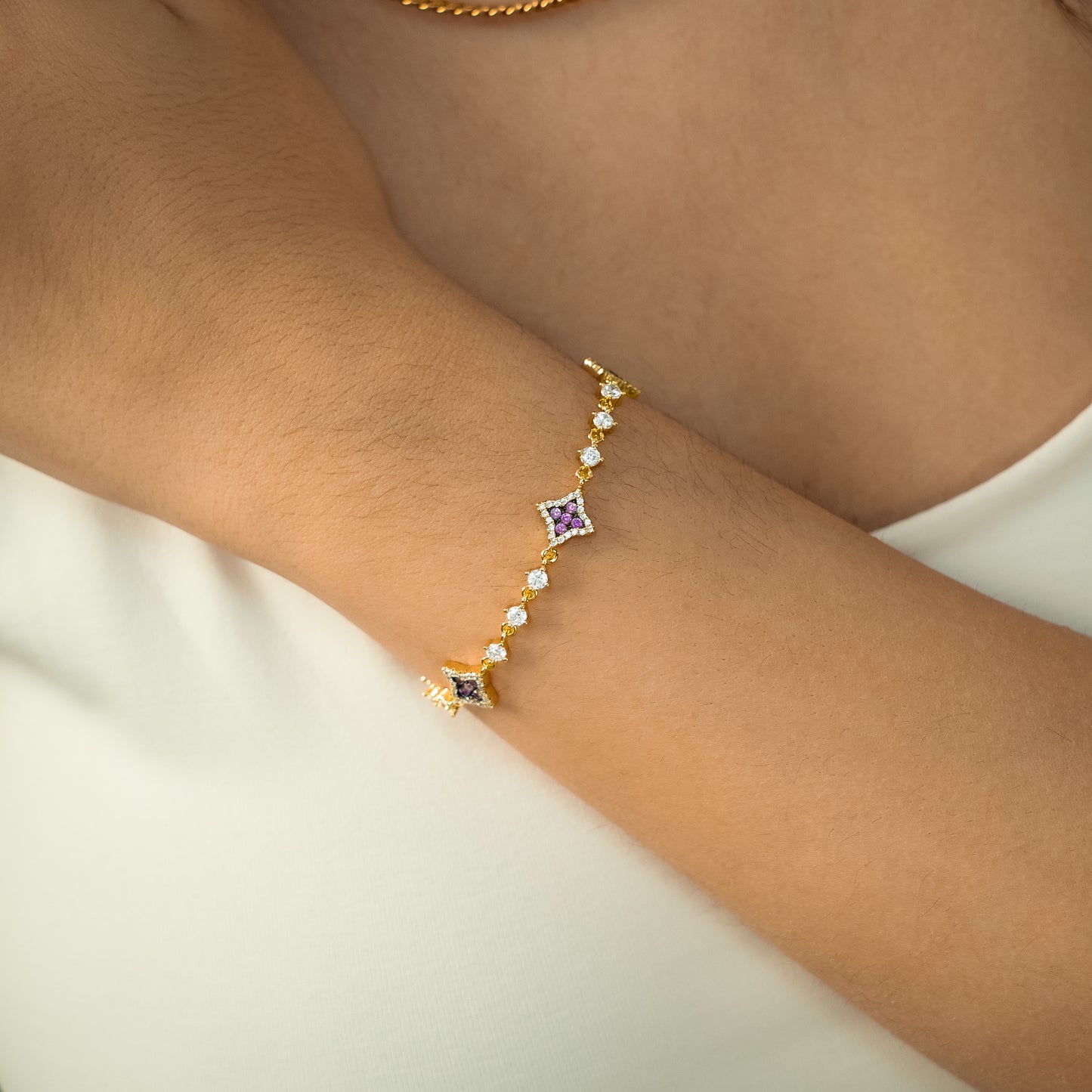 Gold Flower Tennis Bracelet - Purple Stones