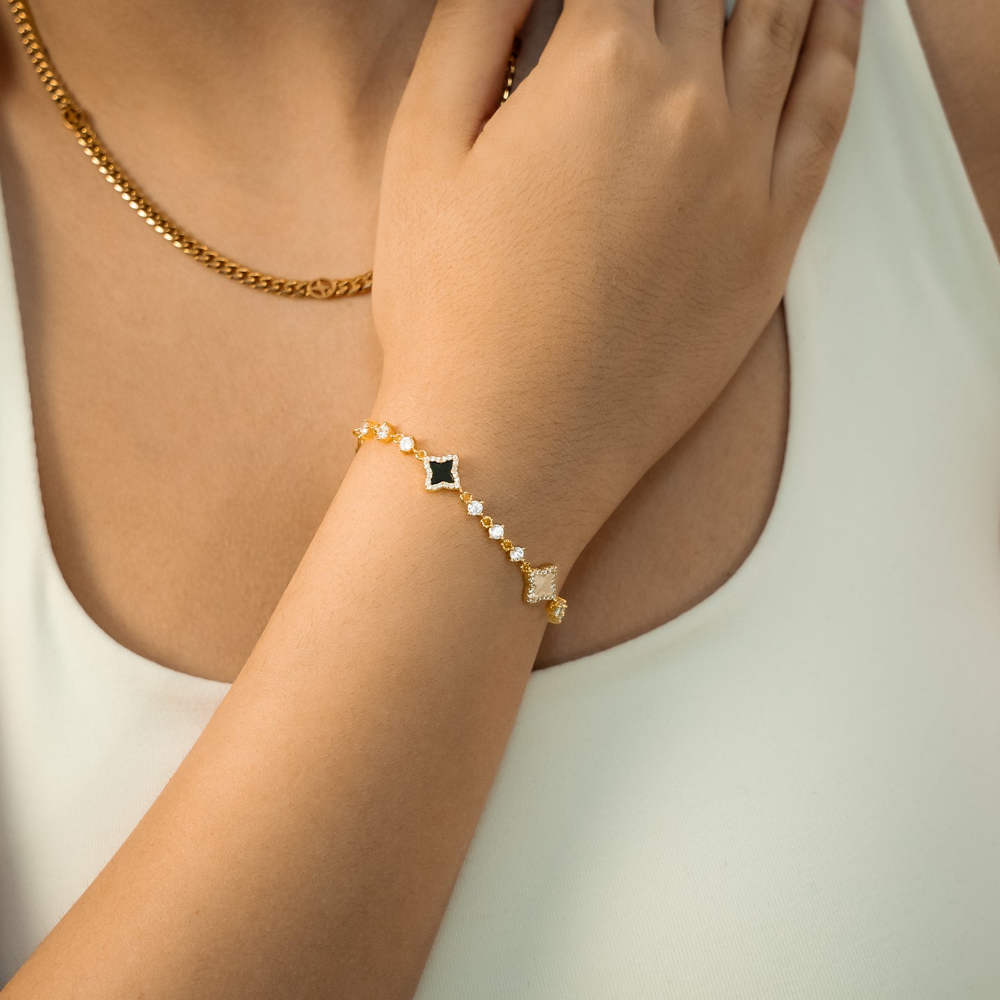 Gold Flower Tennis Bracelet - White & Black
