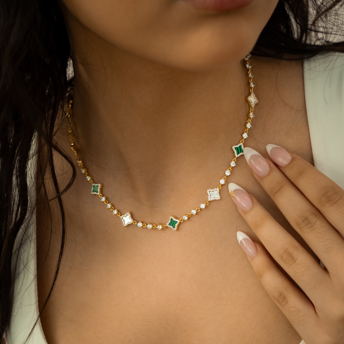 Gold Flower Tennis Chain - White & Green