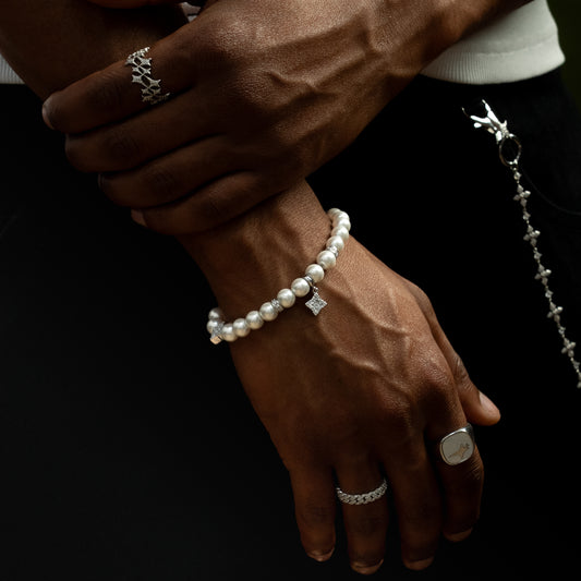 Silver Flower Pearl Bracelet - White Stones
