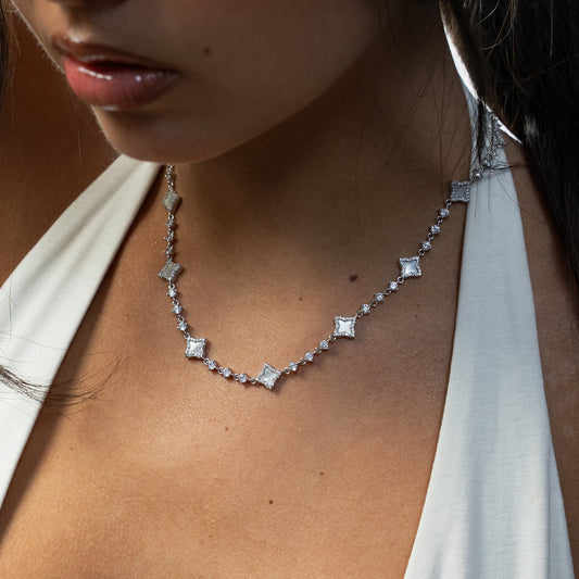 Silver Flower Tennis Chain - White