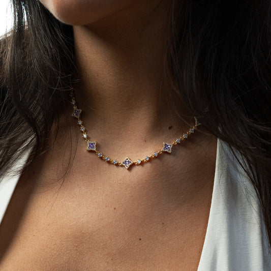 Gold Flower Tennis Chain - Purple Stones