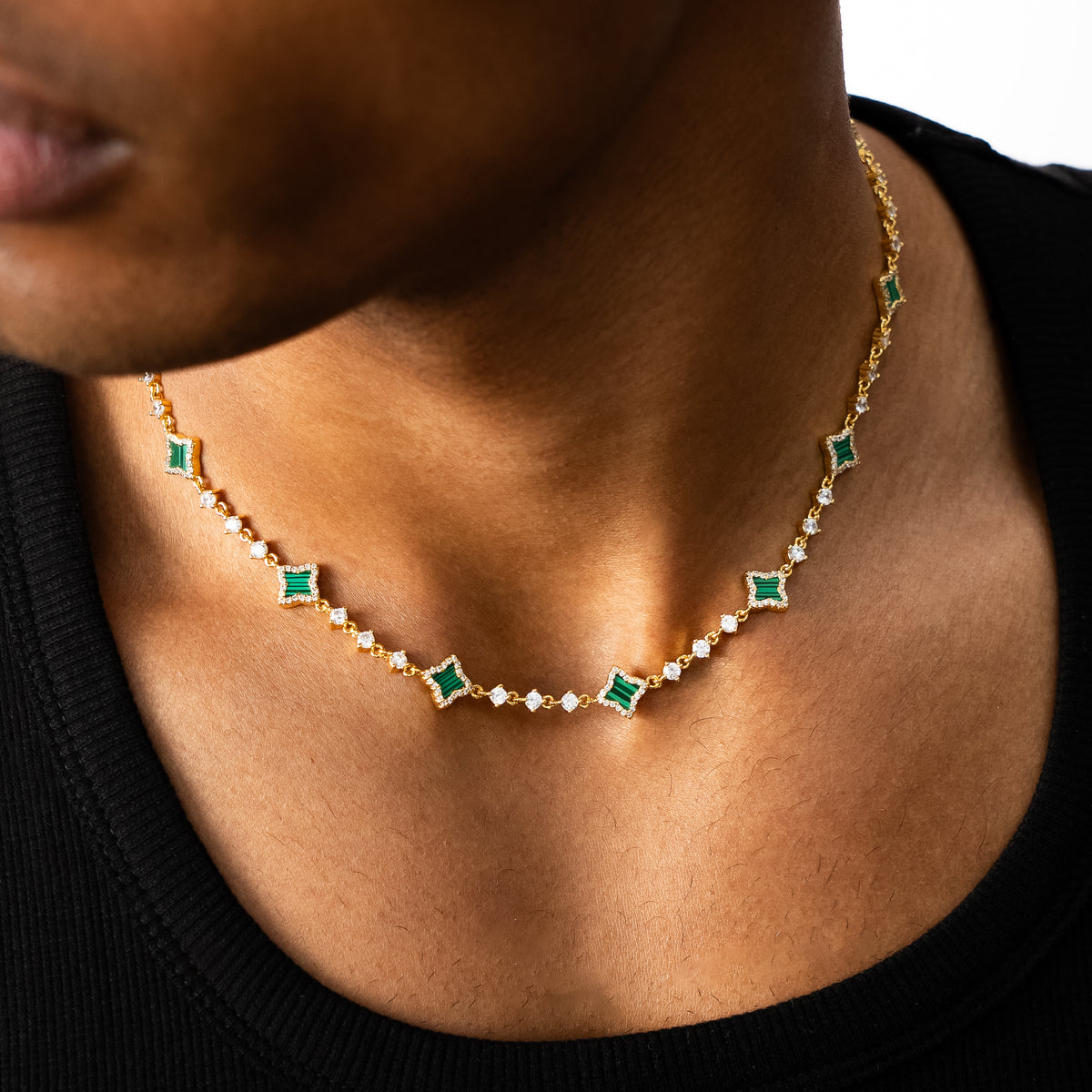 Chain Flower Tennis - 925 Sterling Silver / 18K Gold Plating, VVS Moissanite & Malachite