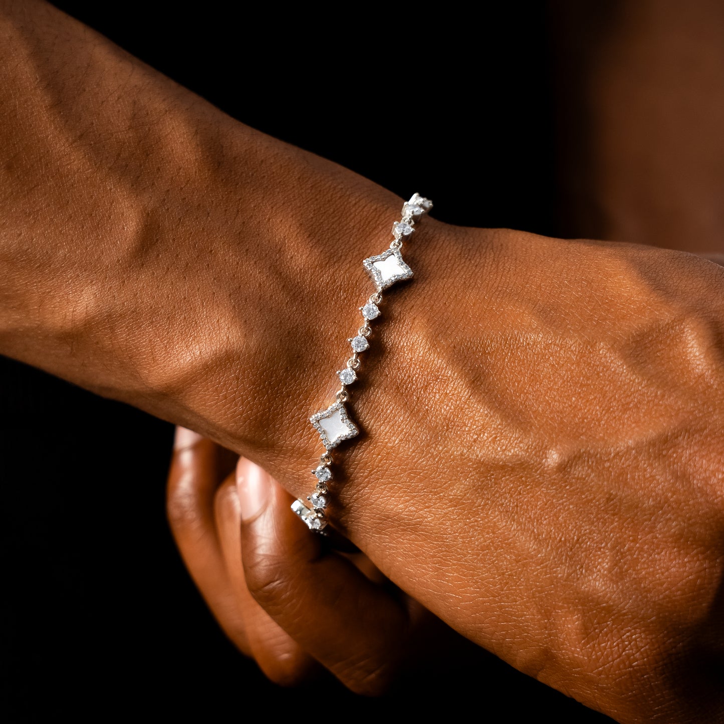 Silver Flower Tennis Bracelet - White