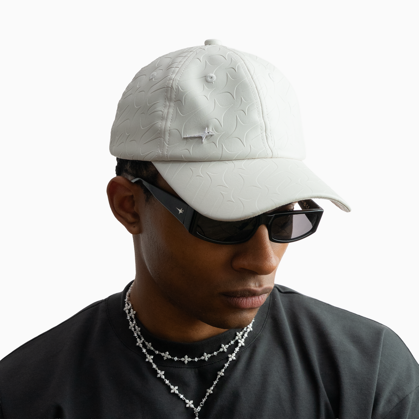 Leather Monogram Cap - White & Moissanite