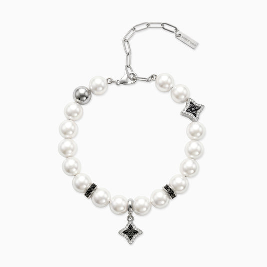 Silver Flower Pearl Bracelet - Black Stones