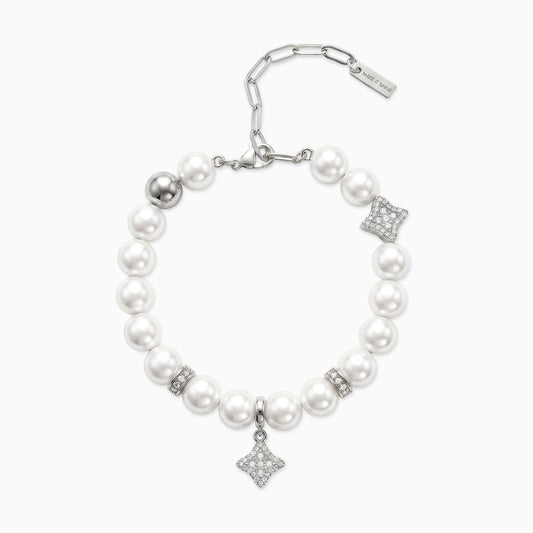 Silver Flower Pearl Bracelet - White Stones