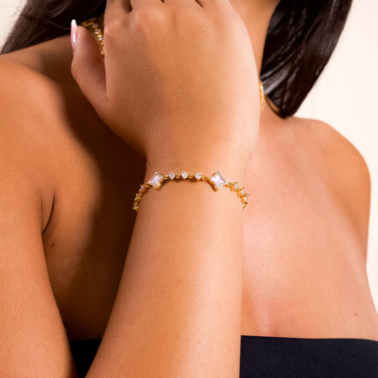 Gold Flower Tennis Bracelet - Pink