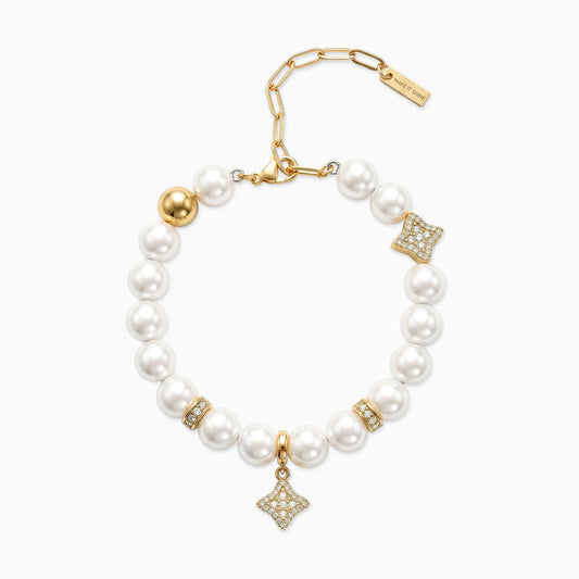 Gold Flower Pearl Bracelet - White Stones