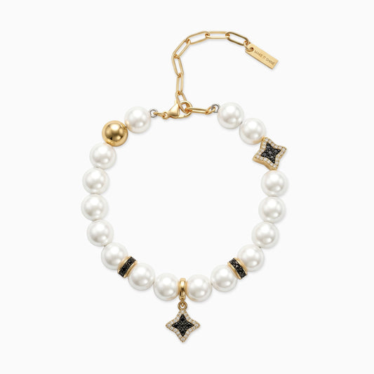 Gold Flower Pearl Bracelet - Black Stones