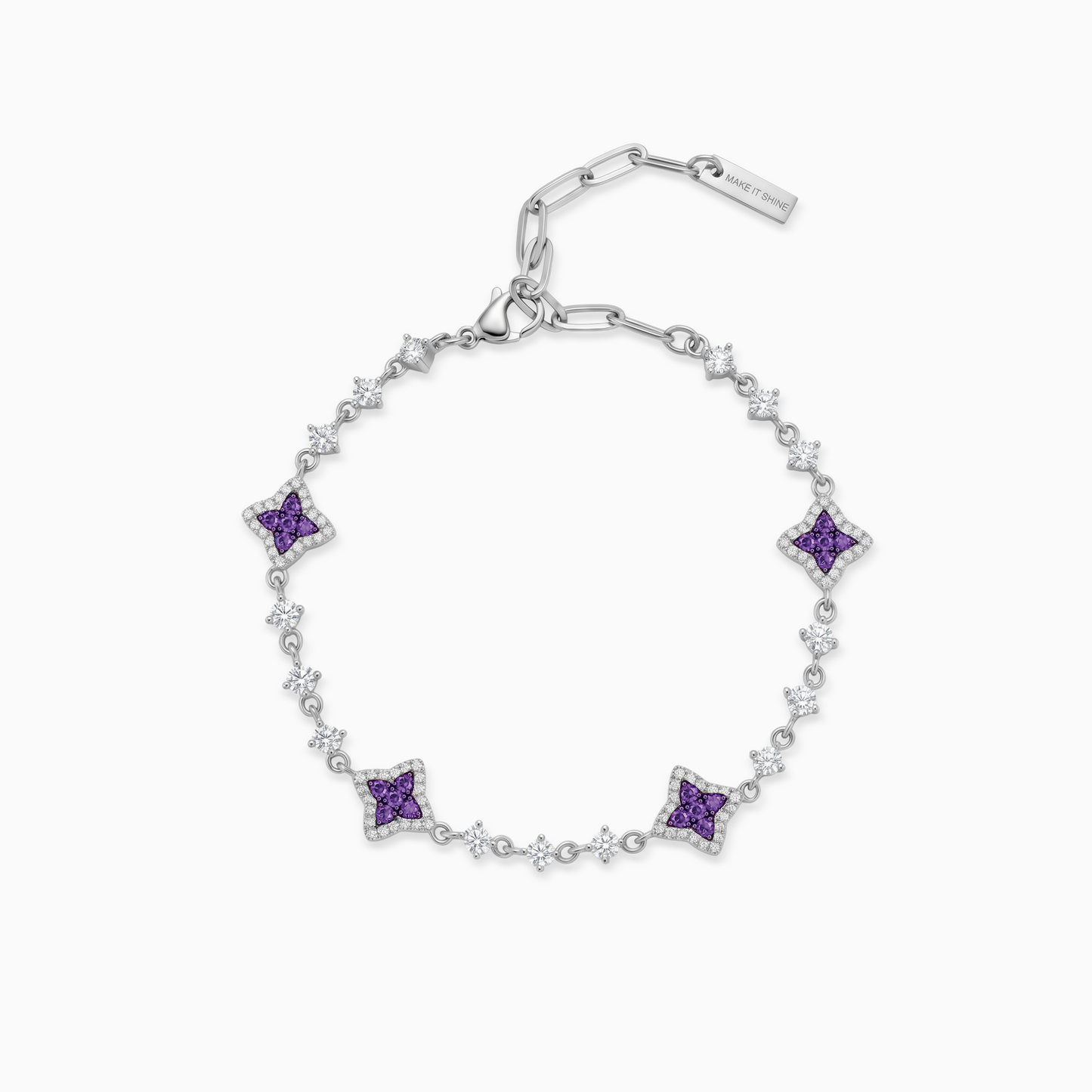 Silver Flower Tennis Bracelet - Purple Stones