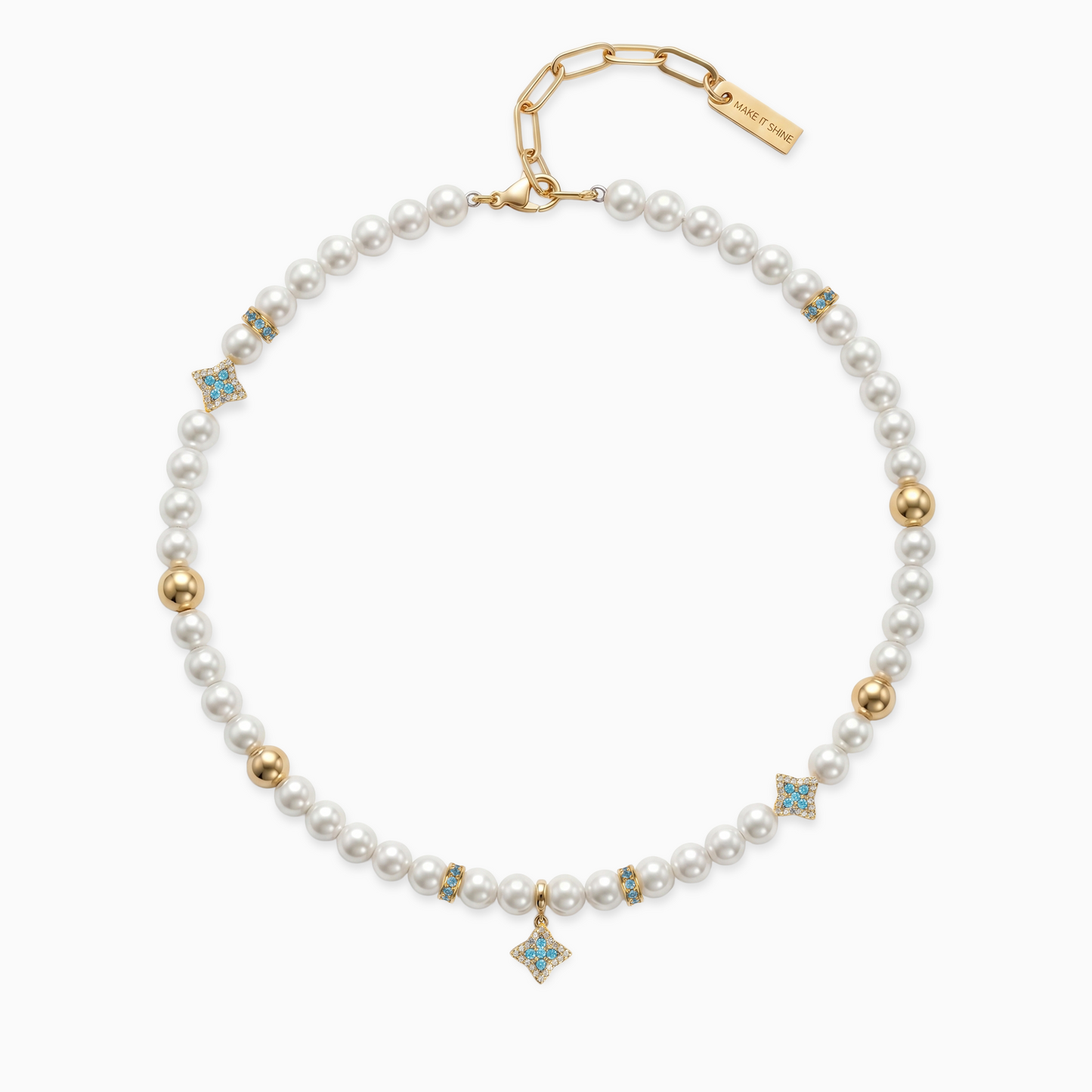 Gold Flower Pearl Chain - Blue Stones