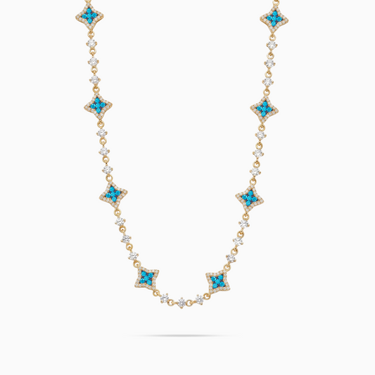 Gold Flower Tennis Chain - Blue Stones