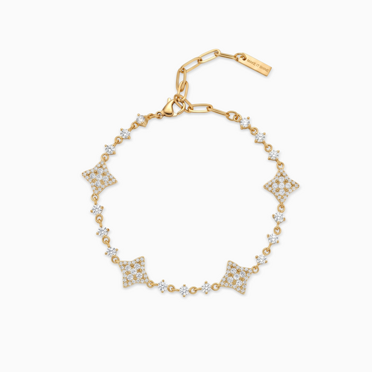 Gold Flower Tennis Bracelet - White Stones