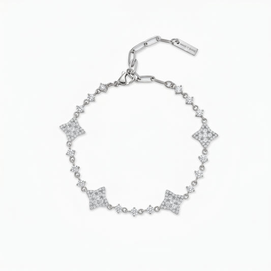 Silver Flower Tennis Bracelet - White Stones