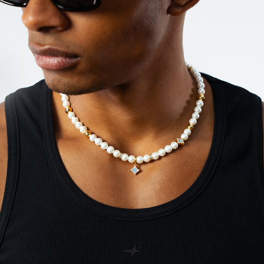 Gold Flower Pearl Chain - Blue Stones