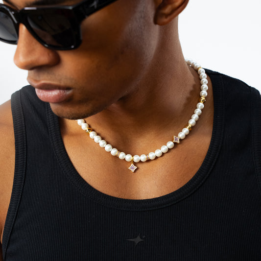 Gold Flower Pearl Chain - Purple Stones