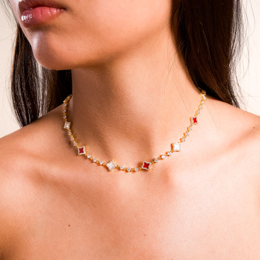 Gold Flower Tennis Chain - White & Red