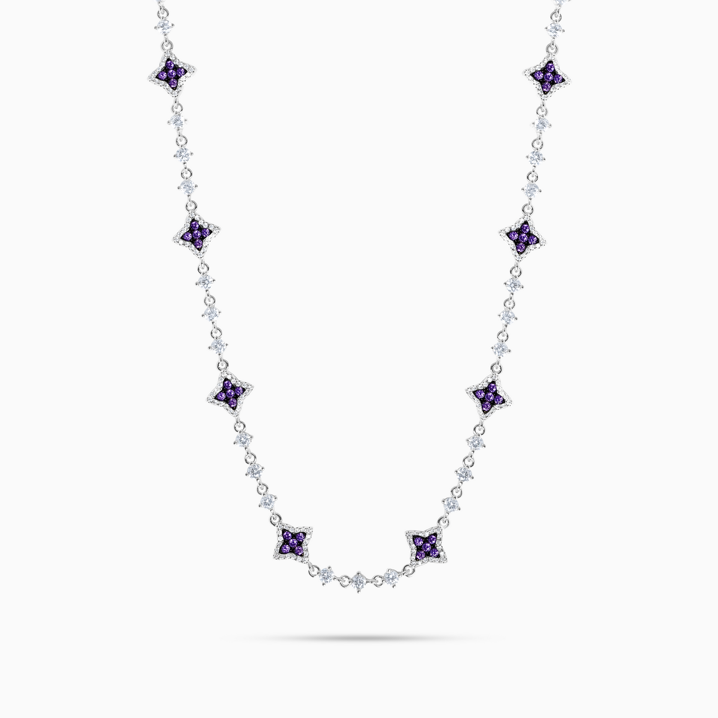 Silver Flower Tennis Chain - Purple Stones