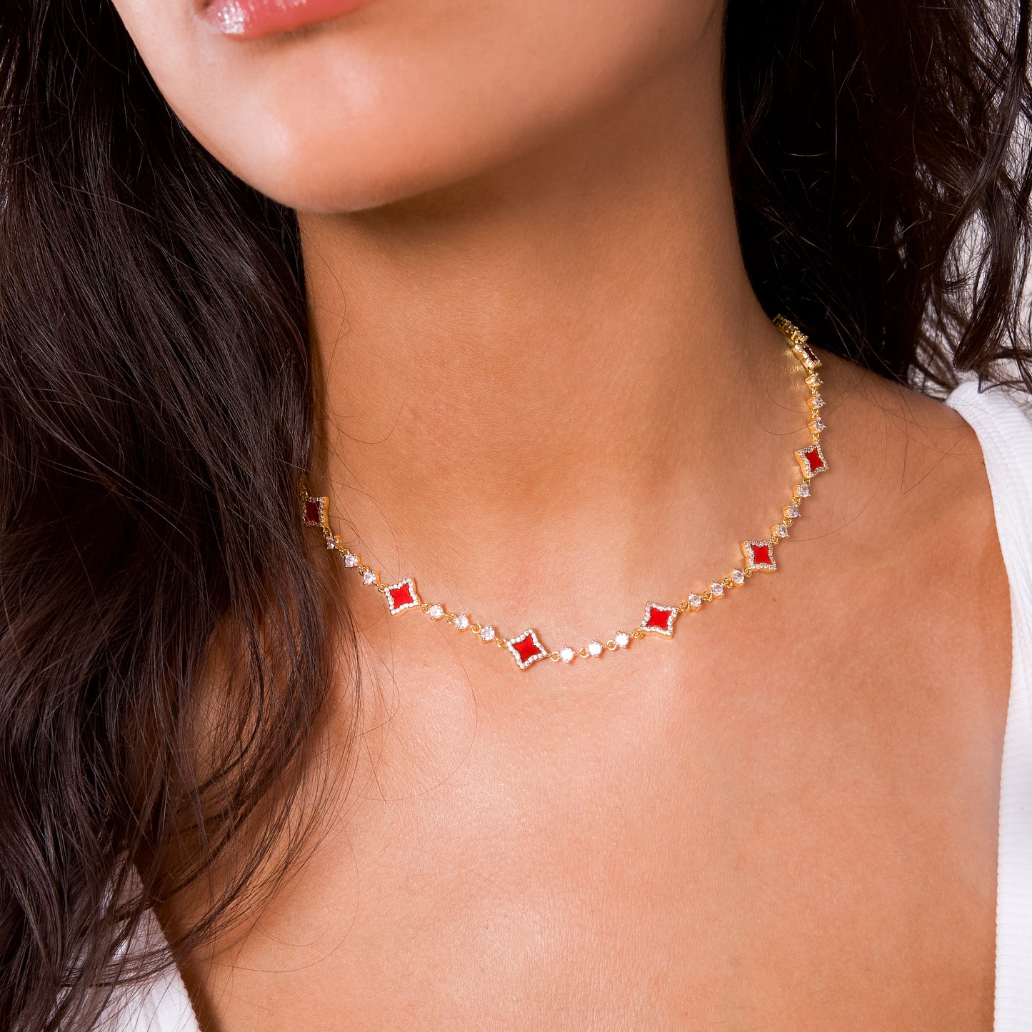 Gold Flower Tennis Chain - Red